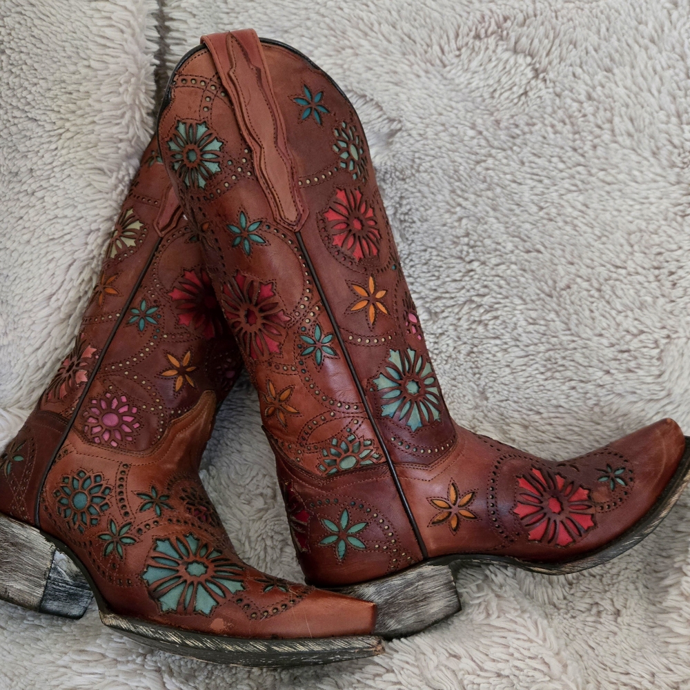 Dan Post Brown and Pink Heeled Boots with Floral Embroidery
